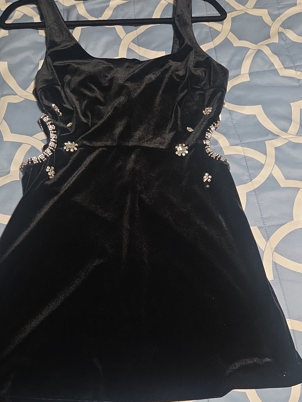 Zara Black Velvet Mini Dress with Rhinestone Embellishments